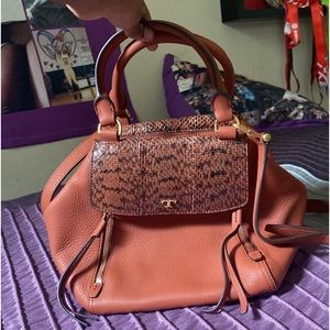 Tory Burch Pebbled Leather Python Half Moon Top Handle Satchel